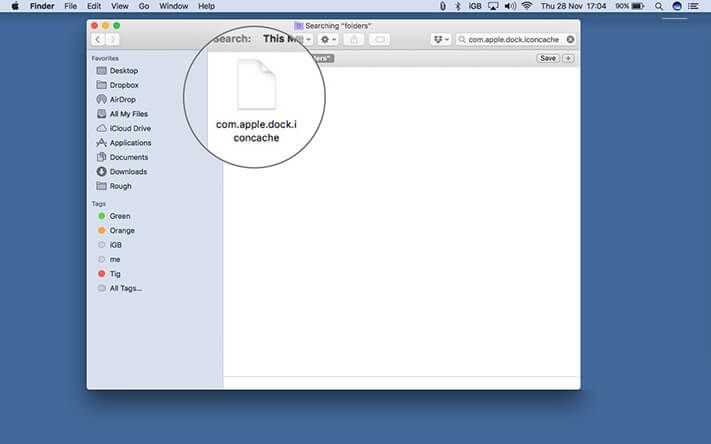 Trykk på Mappe navn på apple dock iconcache i Finder på mac