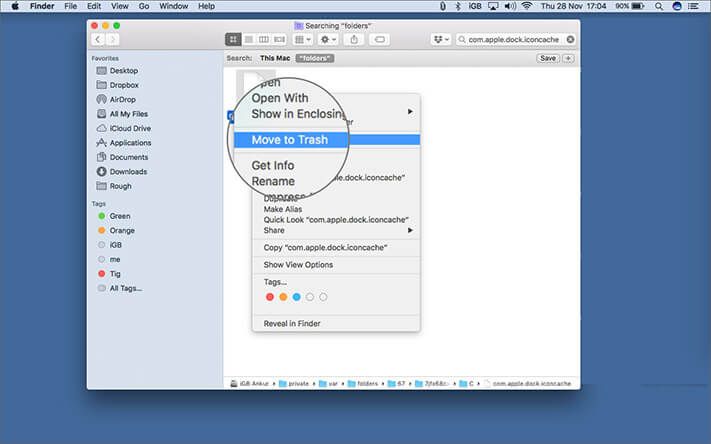 Slett apple dock iconcache-fil i Finder på mac