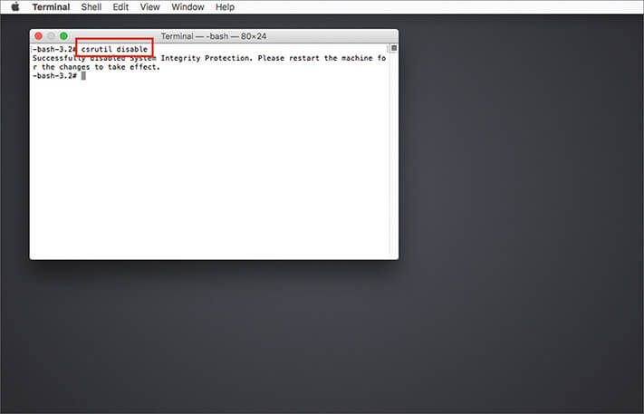 Skriv csrutil disable command i terminalen og trykk enter-tasten på Mac