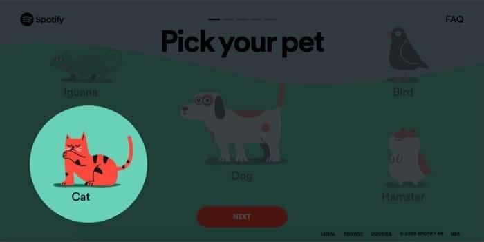 Tria la teva mascota i fes clic a Següent per crear una llista de reproducció a Spotify