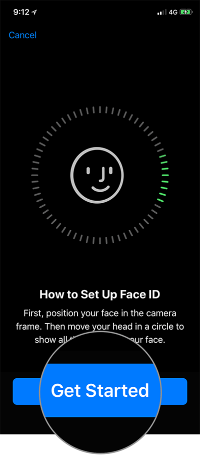 Tippen Sie in der Face ID-Einrichtung auf dem iPhone X auf Erste Schritte