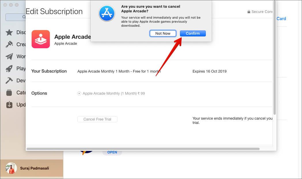 Klik på Bekræft for at afmelde Apple Arcade på Mac