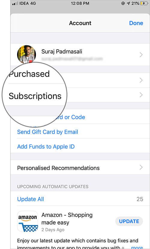 Vælg Abonnementer i iOS App Store