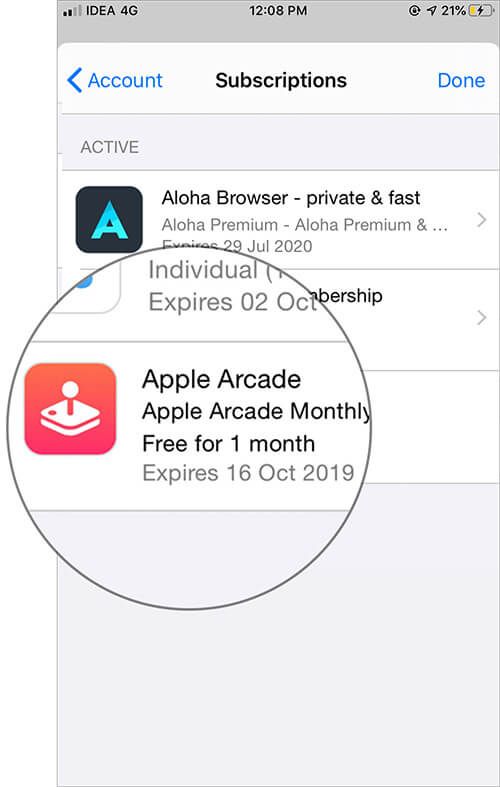 Tryk på Apple Arcade i iOS App Store-abonnementsindstillinger