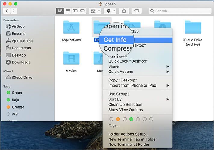 Velg Få informasjon ved å høyreklikke på ikonet for skrivebordsmappen på Mac