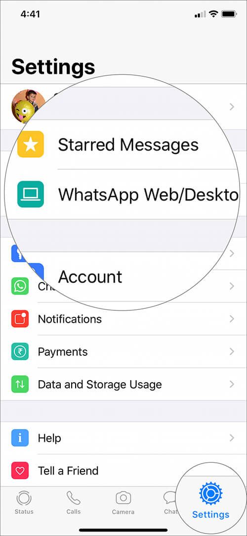 Trykk på Innstillinger-ikonet for å åpne WhatsApp Web på iPhone