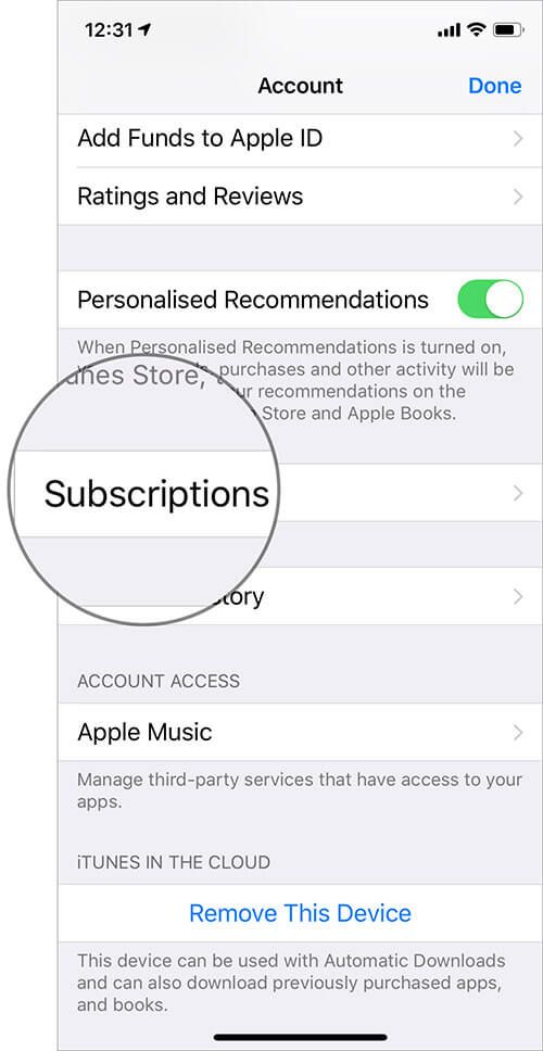 Trykk på Abonnementer for å få tilgang til App Store-abonnementer fra Innstillinger-appen
