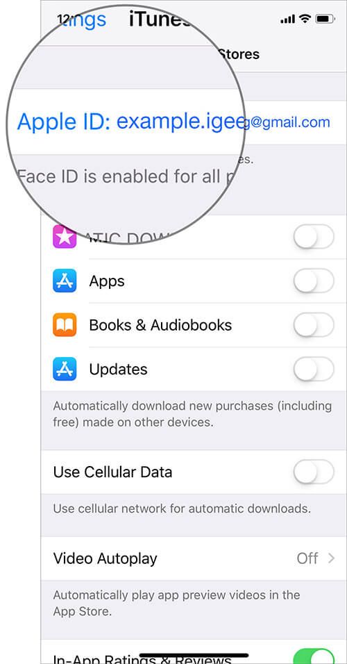 Докоснете Apple ID в настройките на iTunes & App Store