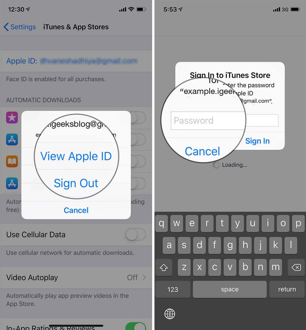 Trykk på Vis Apple ID og autentiser deretter kontoen din i iTunes & App Store-innstillingene