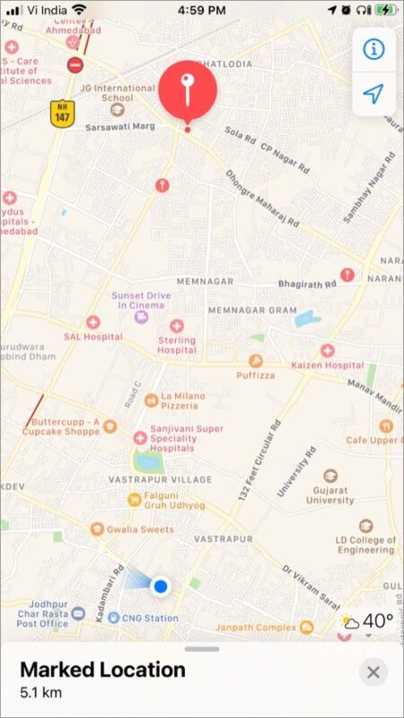 Označené miesto v Apple Map na iPhone
