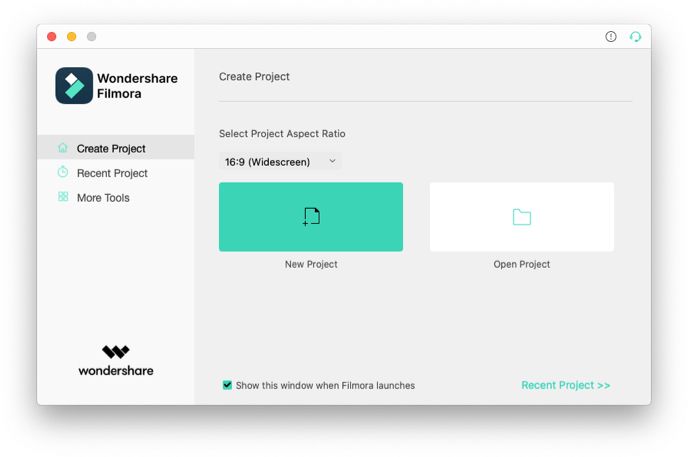 Wondershare Filmora X ऐप में नए प्रोजेक्ट का चयन करें