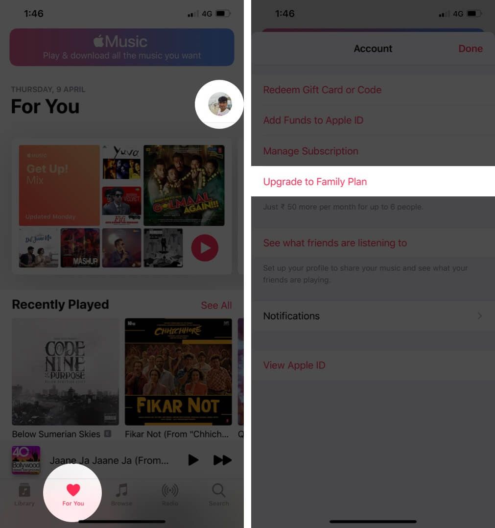 Докоснете Профил и изберете Upgrade to Family Plan в Apple Music App на iPhone