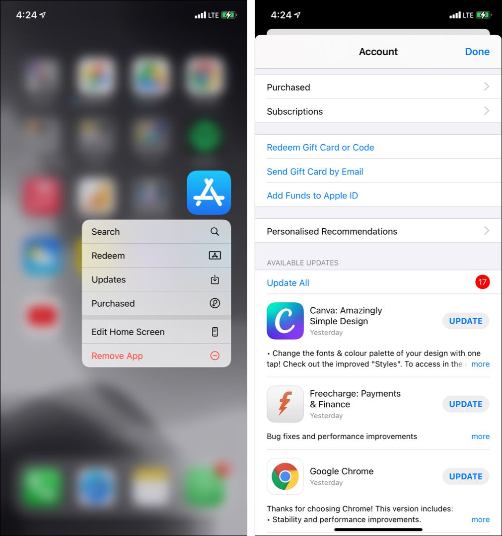 Trykk lenge på App Store-ikonet og velg Oppdater for å oppdatere apper på iPhone