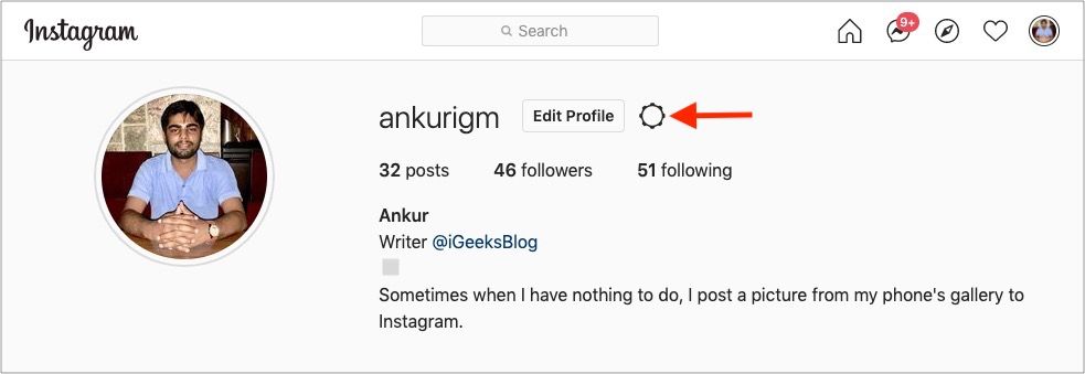 Kliknite na ikonu ozubeného kolieska vedľa položky Upraviť profil na webe Instagram