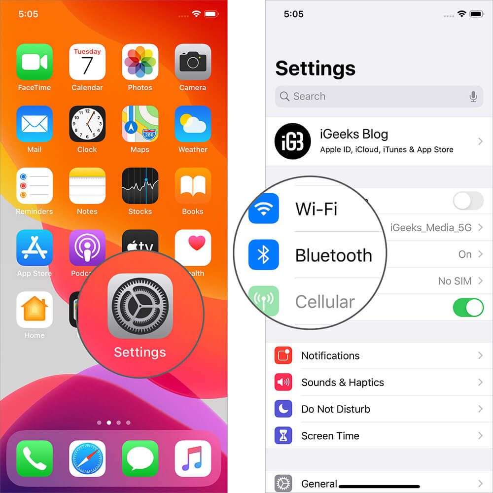 Trykk på Bluetooth i iPhone-innstillinger