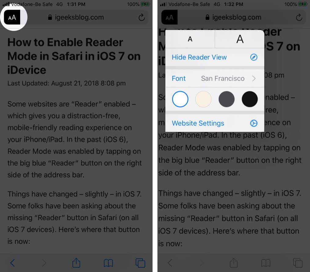 Aktiver automatisk lesermodus i iOS 13 Safari på iPhone
