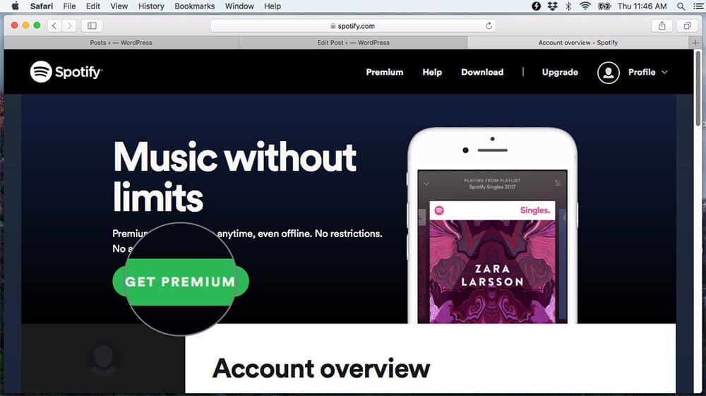 Klikk på Få premium i din Spotify-konto på Mac