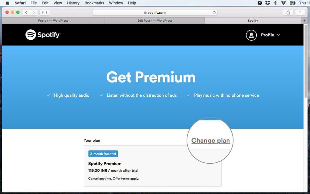 Feu clic a Canvia el pla per comprar el pla de pagament de Spotify al Mac