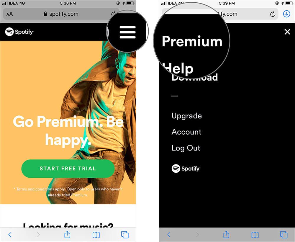 Trykk på Meny og velg Premium i Spotify på iPhone