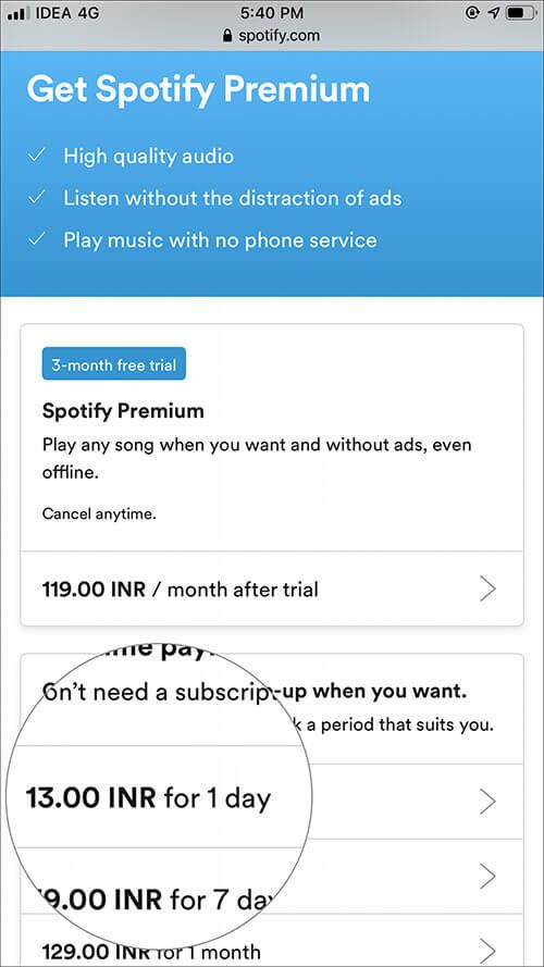 Velg Spotify Premium Plan fra tilgjengelige alternativer på iPhone