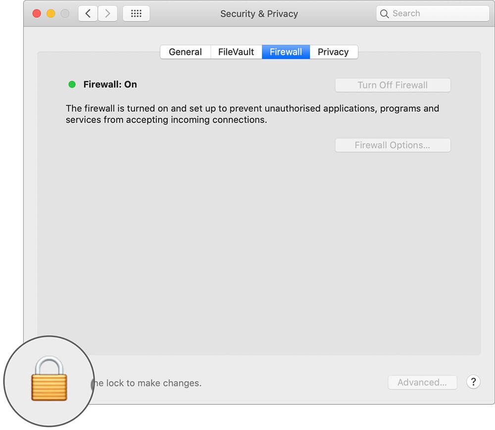 Fare clic su Blocca nella scheda Firewall in Preferenze di Sistema Mac Mac