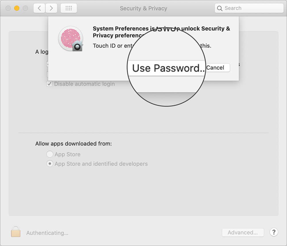 Fai clic su Usa password per sbloccare le preferenze di sicurezza e privacy su Mac