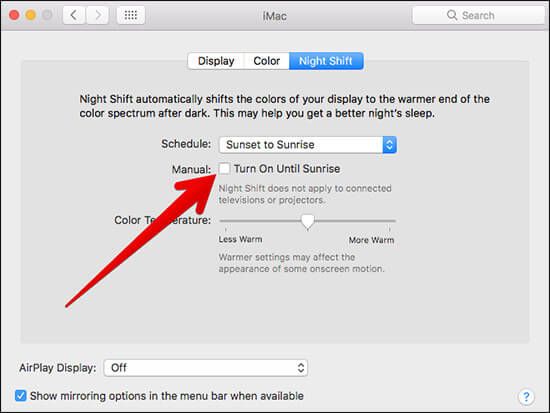 Fjern merket for Manual in Night Shift på Mac