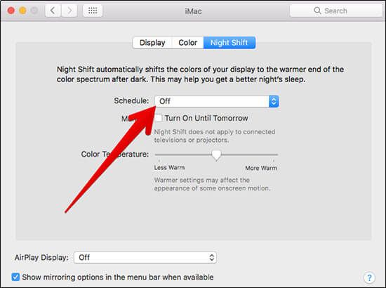 Deaktiver Night Shift i macOS Sierra på Mac