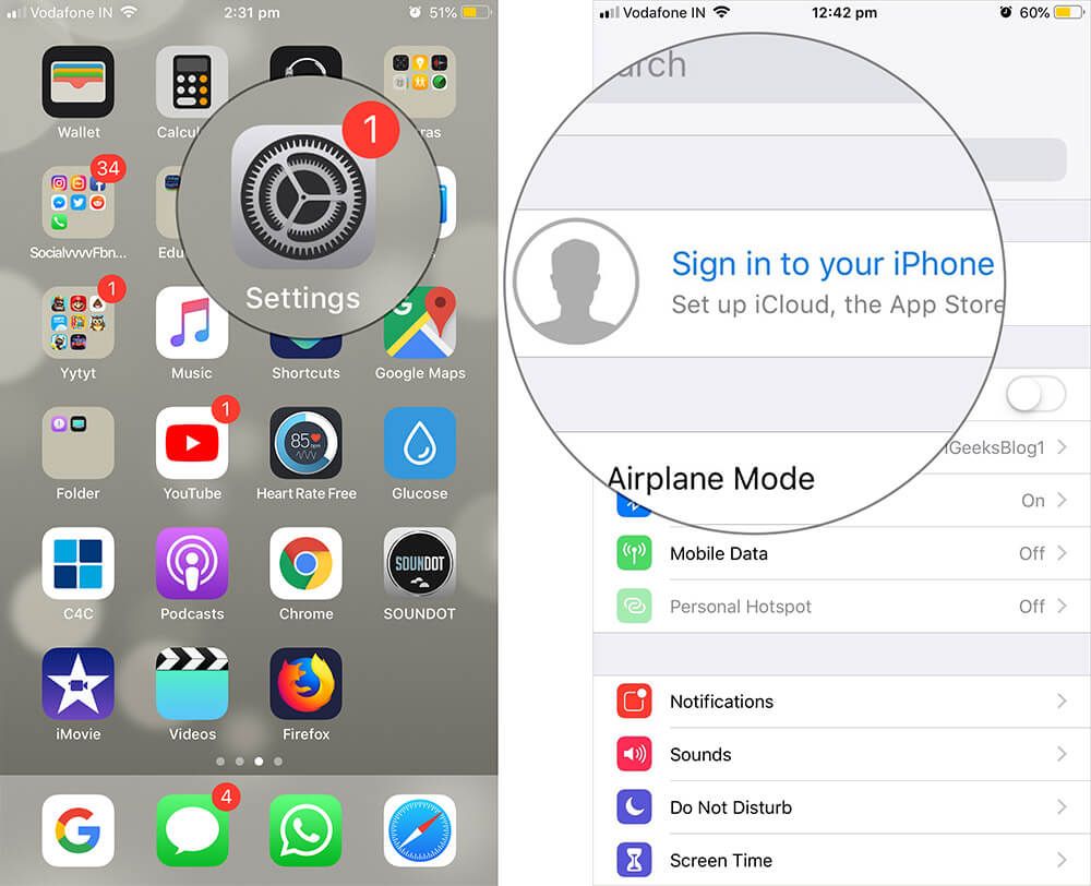 Trykk på Innstilling og deretter Apple ID Banner på iPhone eller iPad