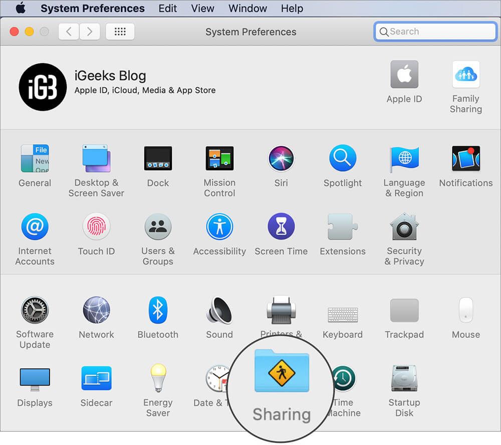 Haga clic en Sharig en Preferencias del sistema en Mac