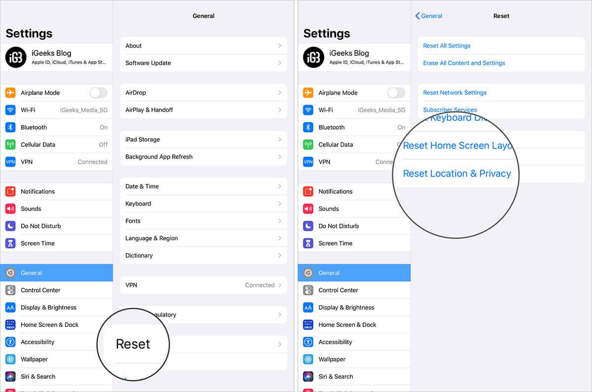 Restablecer ubicación y privacidad en iPad