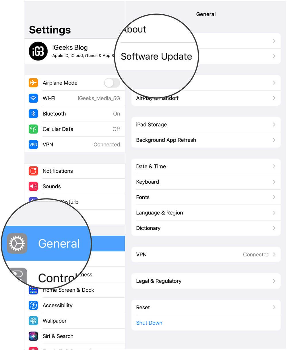 Toque Actualización de software en la configuración general del iPad
