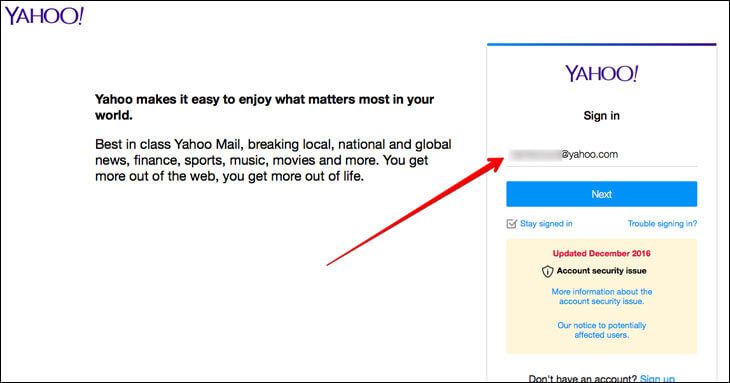 Indtast dit Yahoo e-mail-id
