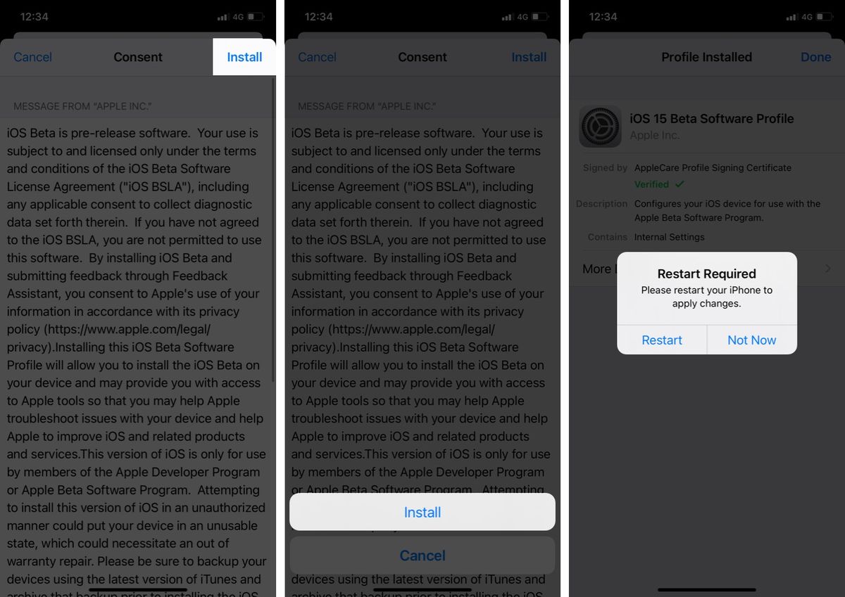 Klepnutím na Restartovat použijete změny pro vývojáře iOS 15 Beta