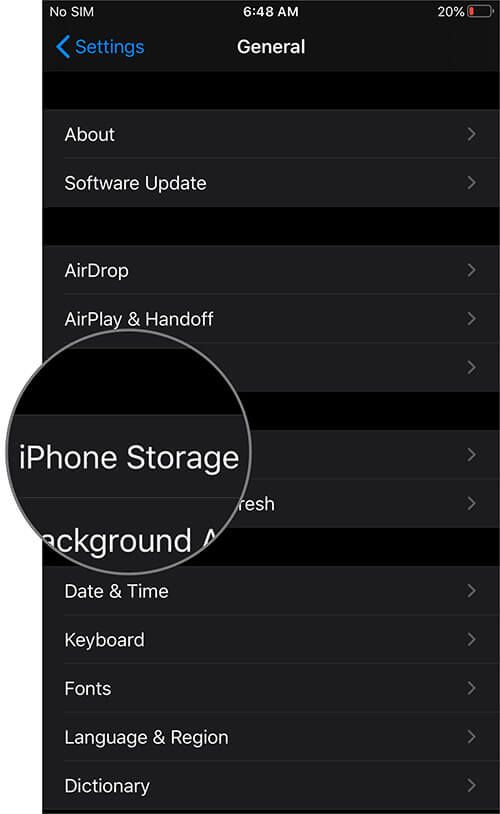 Trykk på iPhone-lagring generelt på iPhone og iPad