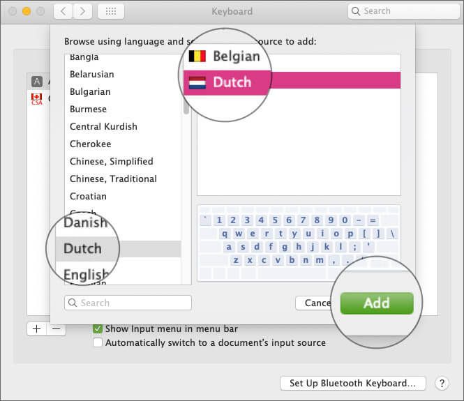 Vyberte požadovaný jazyk a zvoľte rozloženie a kliknite na tlačidlo Pridať, aby ste zmenili rozloženie klávesnice v systéme Mac