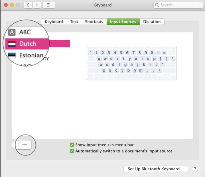 Vyberte Rozloženie a kliknutím na tlačidlo Odstrániť odstráňte rozloženie klávesnice v systéme Mac
