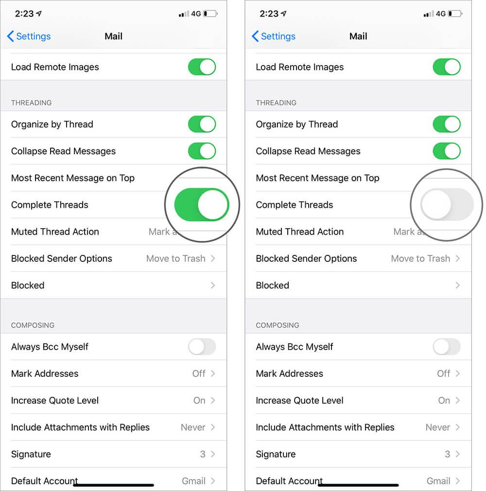 Deaktiver Komplett tråd i trådalternativ i iOS 13 Mail Settings