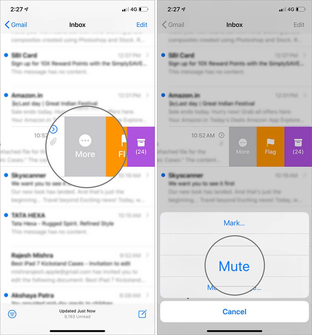 Velg Mer og trykk på Demp alternativet for å stoppe varsel i iOS 13 Mail App
