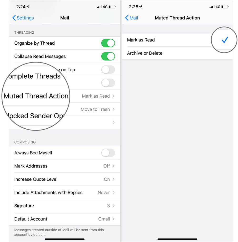 Velg Foretrukket alternativ for å tilpasse lydløs handling i iOS 13 Mail App på iPhone