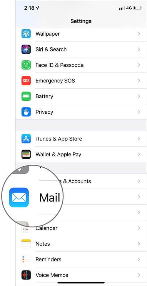 Velg Mail i iOS 13 Settings App på iPhone