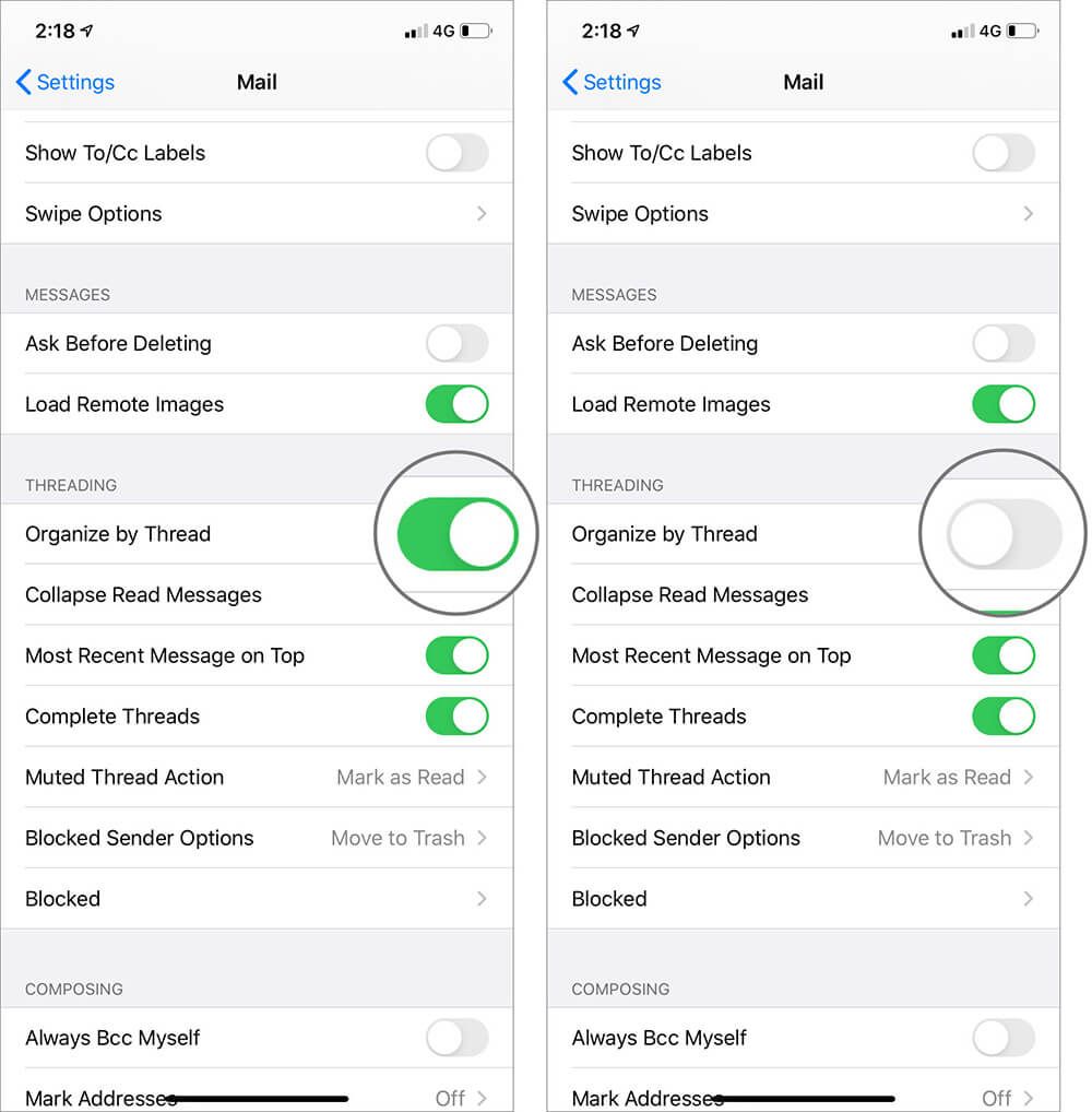 Slå av Organiser etter tråd i trådalternativer i iOS 13 Mail App på iPhone