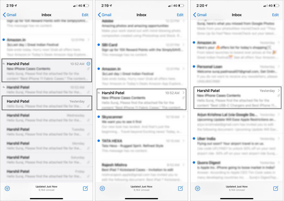 Forhåndsvisning av iOS 13 Mail App før og etter deaktivering Organiser etter tråd på iPhone