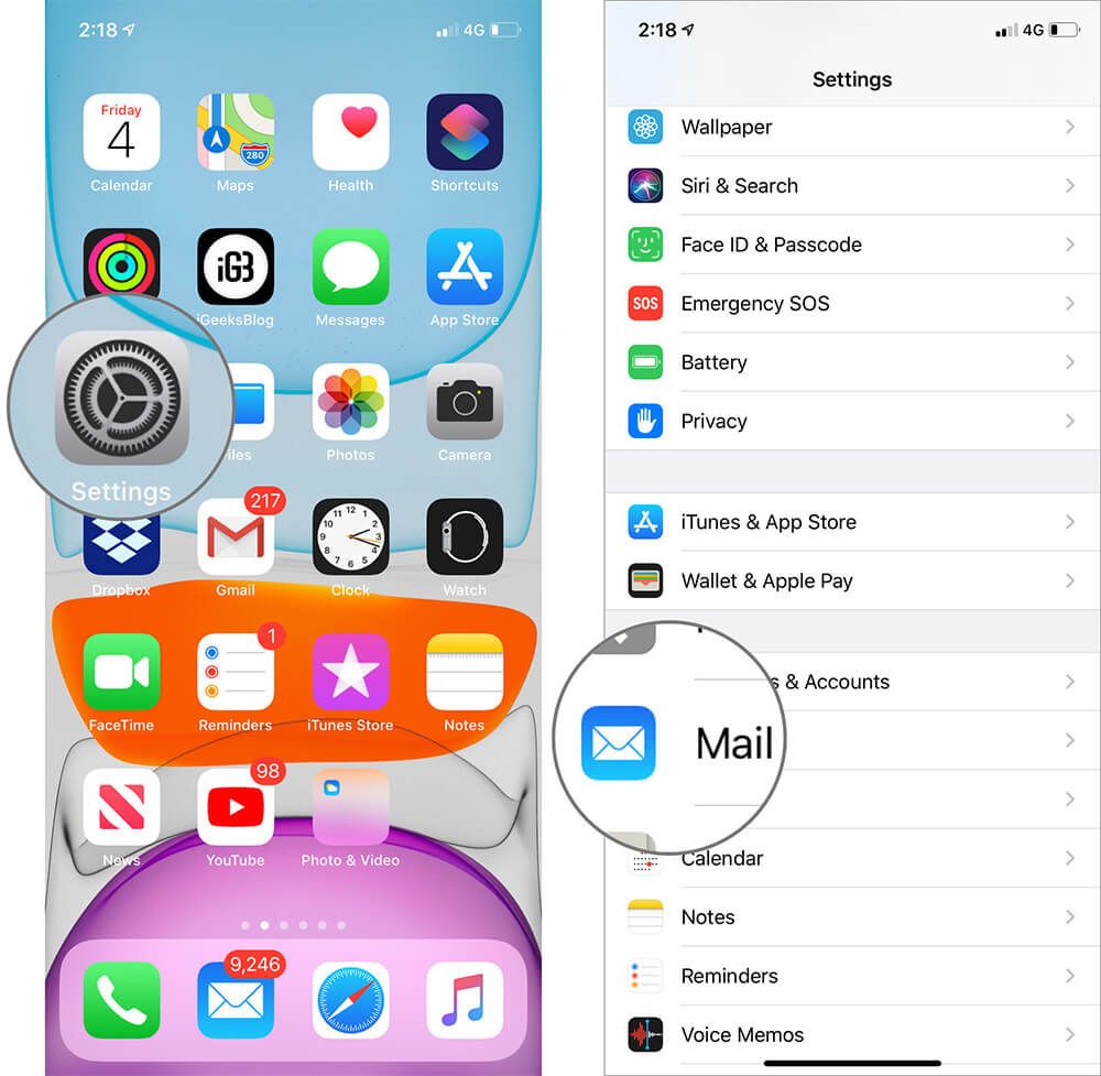 Åpne Mail-appen i iOS 13 Innstillinger-appen på iPhone