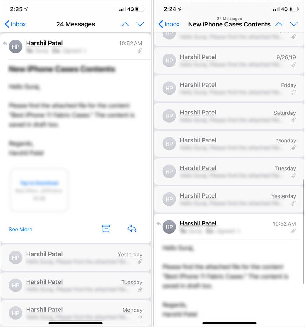 Plasser nylig melding øverst eller nederst i iOS 13 Mail App på iPhone