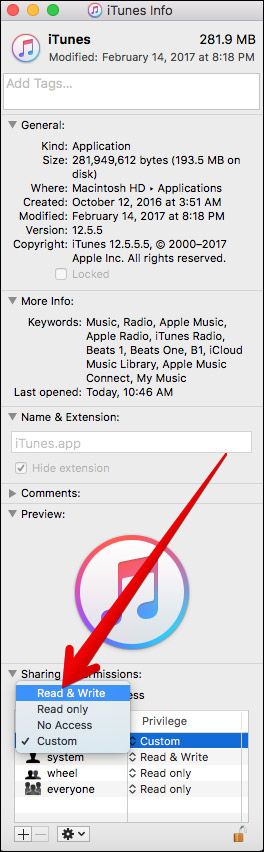 Permitir permissão de leitura e gravação para todos no iTunes no Mac