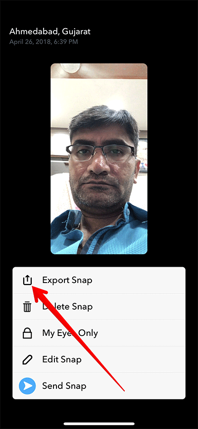 Tocca Esporta Snap per salvare il video Snapchat su iPhone