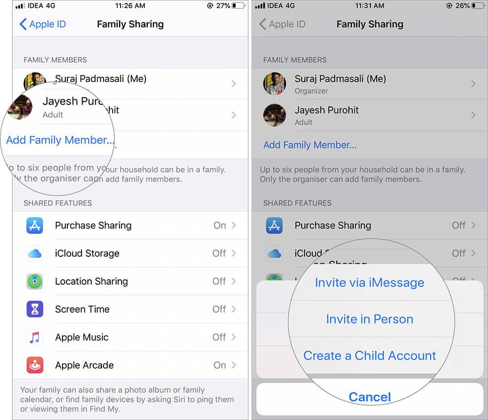 Pridėkite šeimos narį prie šeimos bendrinimo sistemoje „iOS 13“