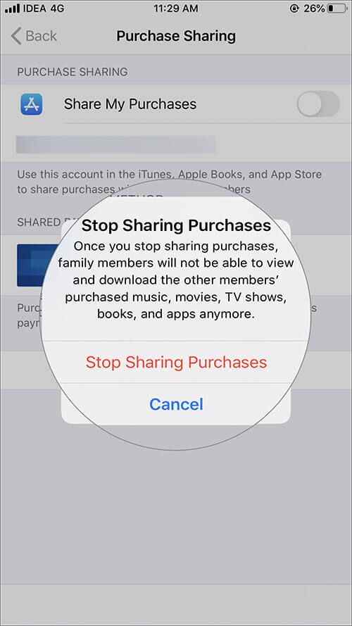 Bakstelėkite „Stop Sharing Puchases“ „iOS 13“ šeimos bendrinimo nustatymuose