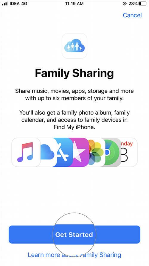 „IPhone“ palieskite Pradėti šeimos dalijimąsi